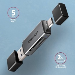 AXAGON čtečka paměťových karet microSD/SD / CRE-DAC / USB 3.2 gen1 / USB-A + USB-C / kovové tělo