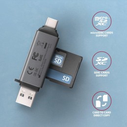 AXAGON čtečka paměťových karet microSD/SD / CRE-DAC / USB 3.2 gen1 / USB-A + USB-C / kovové tělo