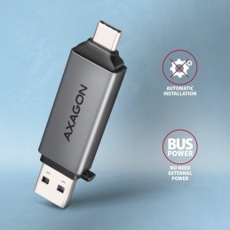 AXAGON čtečka paměťových karet microSD/SD / CRE-DAC / USB 3.2 gen1 / USB-A + USB-C / kovové tělo