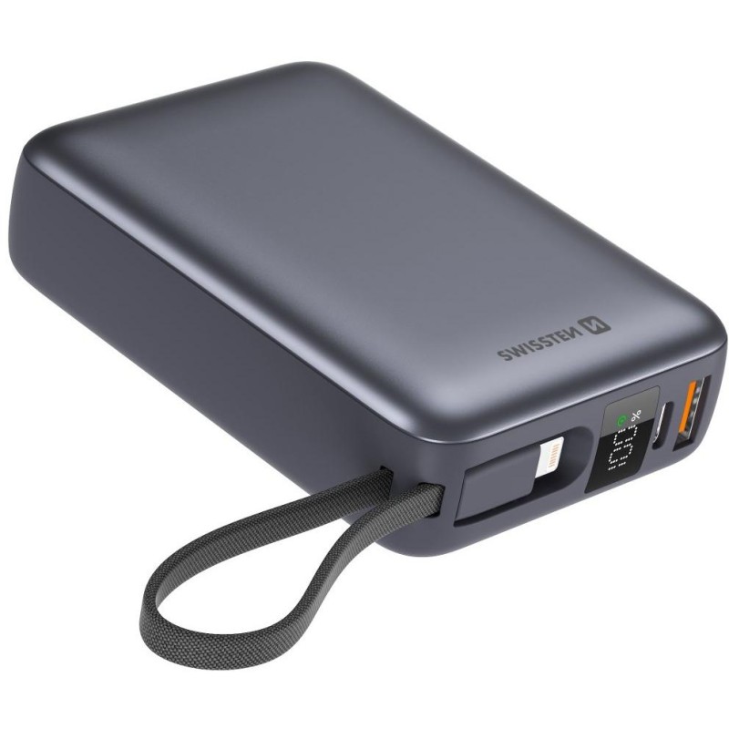 Swissten Power bank 20000 mAh s integrovanými kabely - USB-C, A, Lightning / šedá