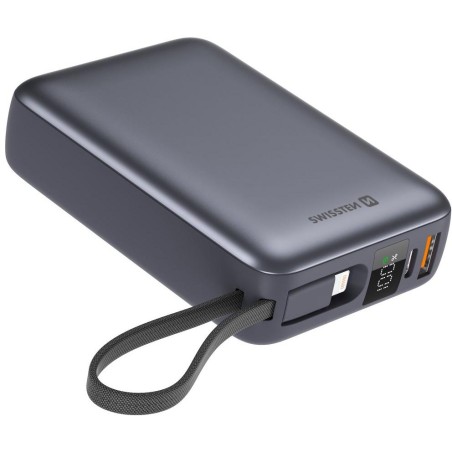 Swissten Power bank 20000 mAh s integrovanými kabely - USB-C, A, Lightning / šedá