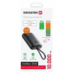 Swissten Power bank VOLTBOX 35W 10000 mAh s integrovanými kabely - USB-C, A, Lightning / černá