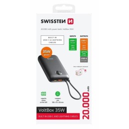 Swissten Power bank VOLTBOX 35W 20000 mAh s integrovanými kabely - USB-C, A, Lightning / černá