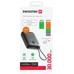Swissten Power bank VOLTBOX 35W 30000 mAh s integrovanými kabely - USB-C, A, Lightning / černá