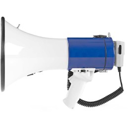 NEDIS megafon/ rozsah 1500m/ hlasitost 135dB/ odnímatelný mikrofon/ vestavěná siréna/ ramenní popruh/ bílo-modrý