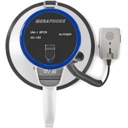 NEDIS megafon/ rozsah 1500m/ hlasitost 135dB/ odnímatelný mikrofon/ vestavěná siréna/ ramenní popruh/ bílo-modrý