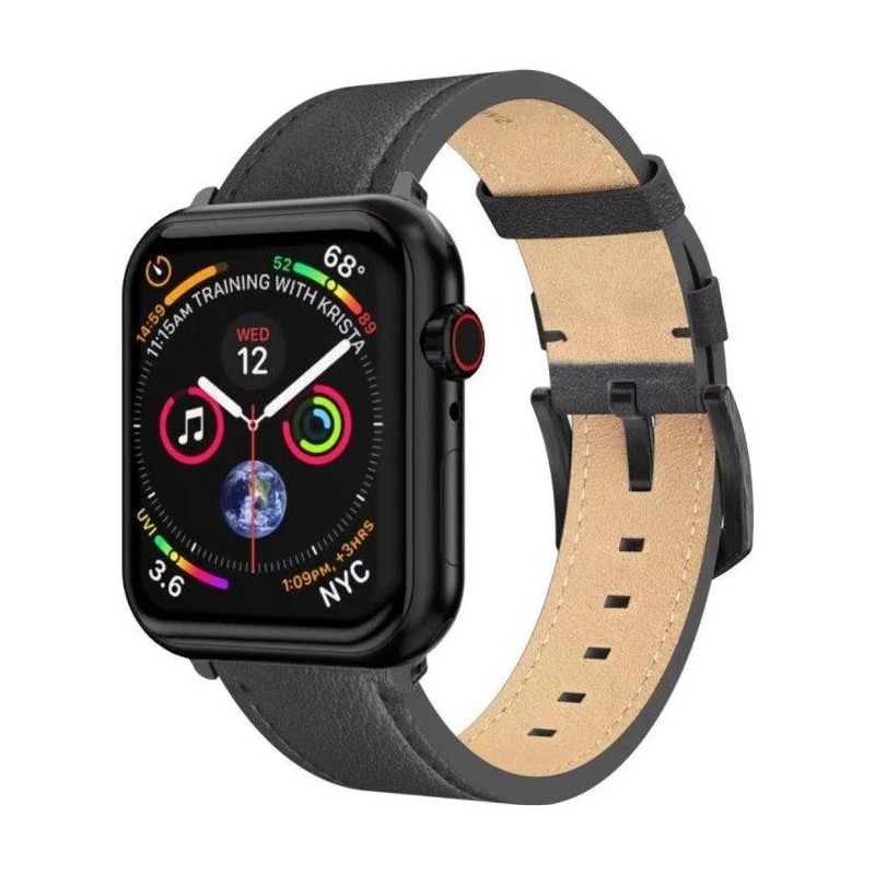 Swissten řemínek pro apple watch kožený 42 / 44 / 45 / 49 mm černý (černá spona a černé poutko)