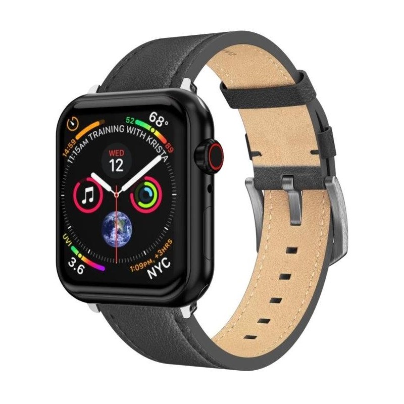 Swissten řemínek pro apple watch kožený 42 / 44 / 45 / 49 mm černý (stříbrná spona a stříbrné poutko)