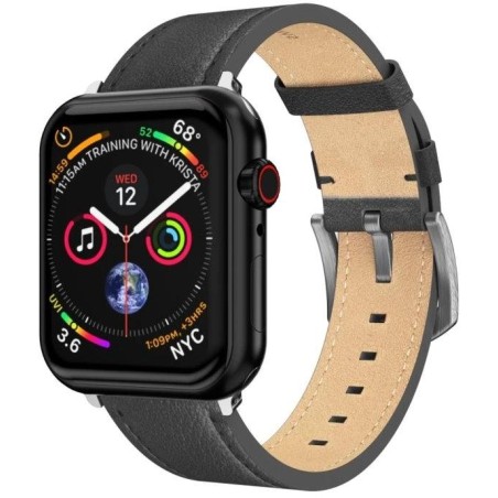 Swissten řemínek pro apple watch kožený 42 / 44 / 45 / 49 mm černý (stříbrná spona a stříbrné poutko)