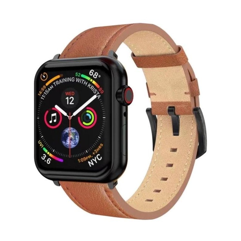 Swissten řemínek pro apple watch kožený 42 / 44 / 45 / 49 mm hnědý (černá spona a černé poutko)