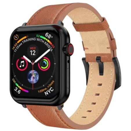 Swissten řemínek pro apple watch kožený 42 / 44 / 45 / 49 mm hnědý (černá spona a černé poutko)