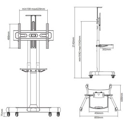 Neomounts Select NM-M1700BLACK/Držák displeje/vozík/32-75"/4 kolečka/VESA 600X400/nosn. 50kg/nast.výšky/2 police/černý