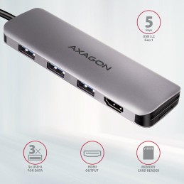 AXAGON hub USB-C 5v1 / HMC-HCR3A / USB 3.2 Gen1 / 3x USB-A / HDMI / MicroSD/SD / kovové tělo / 0,2m
