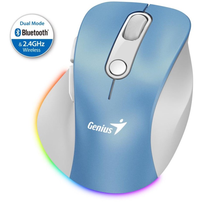 GENIUS Ergo 9000S Pro Light Blue/ duální Bluetooth + 2,4GHz/ 2400 dpi/ bezdrátová/ 6tlačítková/ dobíjecí/ RGB/ modrobílá