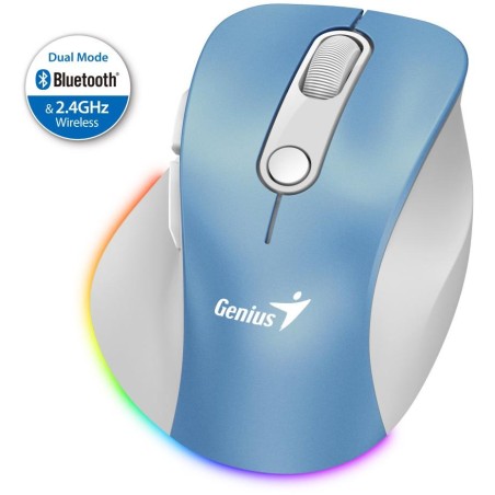 GENIUS Ergo 9000S Pro Light Blue/ duální Bluetooth + 2,4GHz/ 2400 dpi/ bezdrátová/ 6tlačítková/ dobíjecí/ RGB/ modrobílá