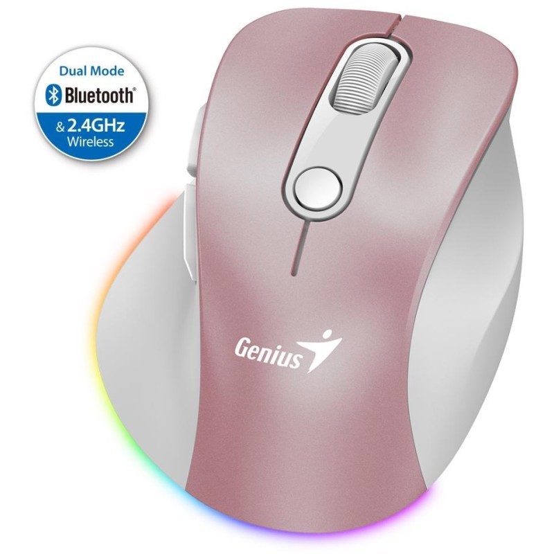 GENIUS Ergo 9000S Pro Pink/ duální Bluetooth + 2,4GHz/ 2400 dpi/ bezdrátová/ 6tlačítková/ dobíjecí/ RGB/ růžová