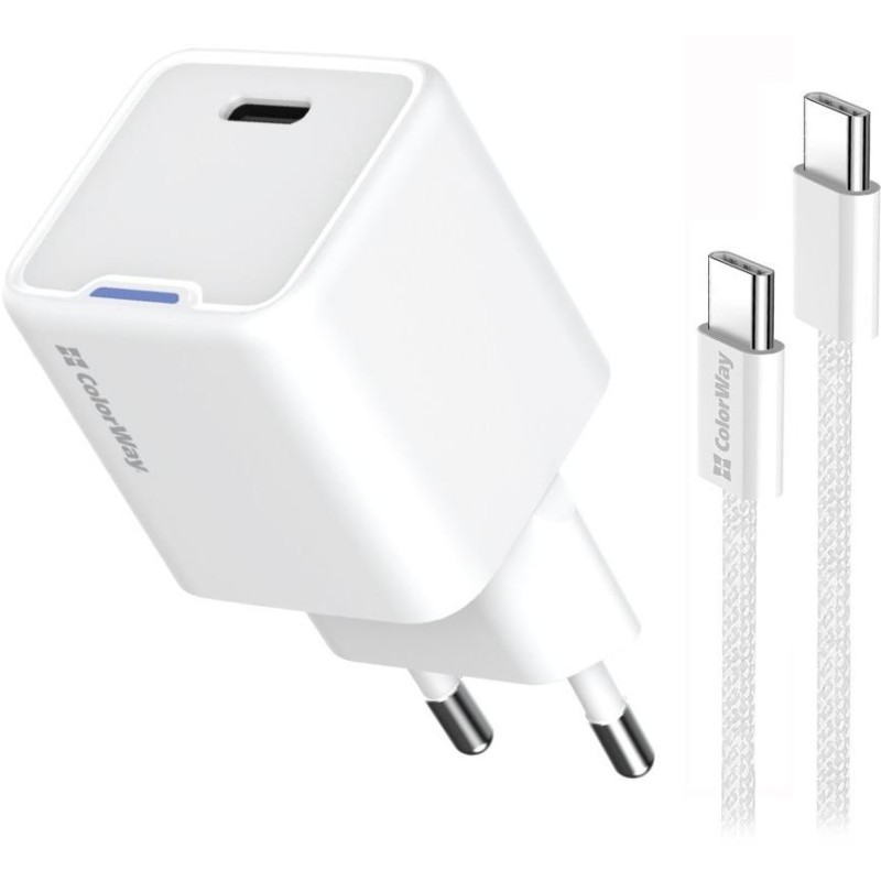 COLORWAY 1x USB-C/ síťová nabíječka/ GaN/ PD/ PPS/ 25W/ Včetně 100cm kabelu/ Bílá