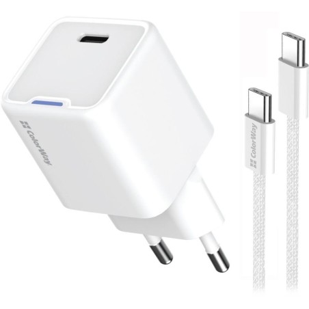 COLORWAY 1x USB-C/ síťová nabíječka/ GaN/ PD/ PPS/ 25W/ Včetně 100cm kabelu/ Bílá