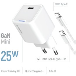 COLORWAY 1x USB-C/ síťová nabíječka/ GaN/ PD/ PPS/ 25W/ Včetně 100cm kabelu/ Bílá