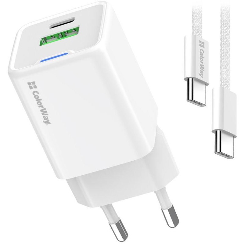 COLORWAY 1x USB-C/ síťová nabíječka/ GaN/ PD/ PPS/ QC/ 30W/ Včetně 100cm kabelu/ Bílá