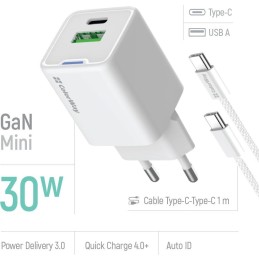 COLORWAY 1x USB-C/ síťová nabíječka/ GaN/ PD/ PPS/ QC/ 30W/ Včetně 100cm kabelu/ Bílá