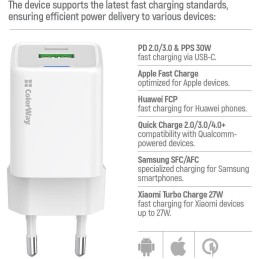 COLORWAY 1x USB-C/ síťová nabíječka/ GaN/ PD/ PPS/ QC/ 30W/ Včetně 100cm kabelu/ Bílá