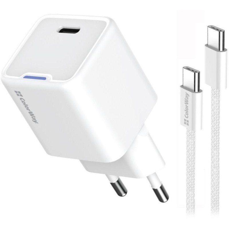 COLORWAY 1x USB-C/ síťová nabíječka/ GaN/ PD/ PPS/ 30W/ Včetně 100cm kabelu/ Bílá