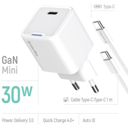 COLORWAY 1x USB-C/ síťová nabíječka/ GaN/ PD/ PPS/ 30W/ Včetně 100cm kabelu/ Bílá