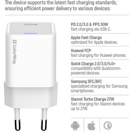 COLORWAY 1x USB-C/ síťová nabíječka/ GaN/ PD/ PPS/ 30W/ Včetně 100cm kabelu/ Bílá
