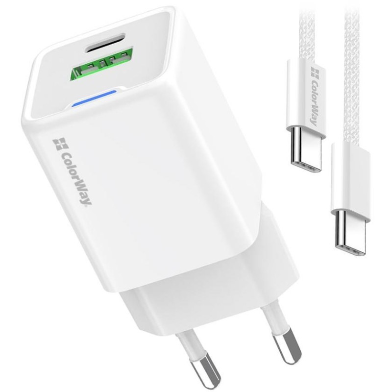 COLORWAY 1x USB-C/ síťová nabíječka/ GaN/ PD/ PPS/ QC/ 35W/ Včetně 100cm kabelu/ Bílá