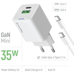 COLORWAY 1x USB-C/ síťová nabíječka/ GaN/ PD/ PPS/ QC/ 35W/ Včetně 100cm kabelu/ Bílá