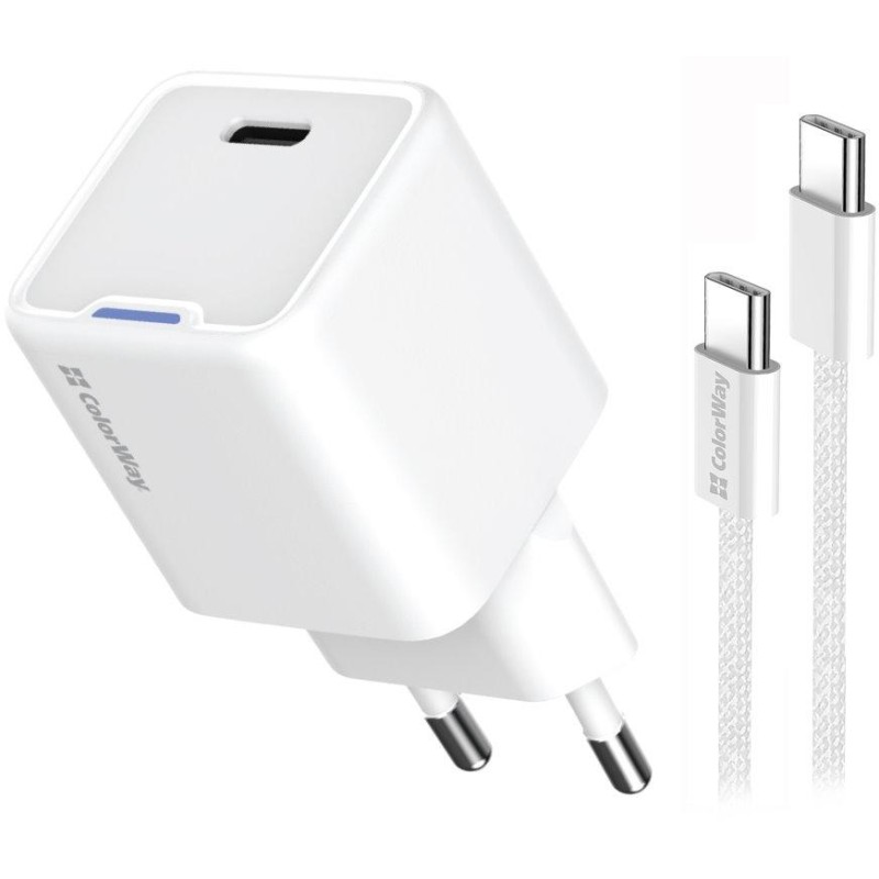 COLORWAY 1x USB-C/ síťová nabíječka/ GaN/ PD/ PPS/ 35W/ Včetně 100cm kabelu/ Bílá