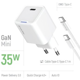 COLORWAY 1x USB-C/ síťová nabíječka/ GaN/ PD/ PPS/ 35W/ Včetně 100cm kabelu/ Bílá
