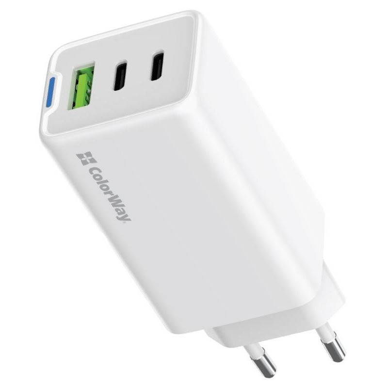 COLORWAY 2x USB-C, 1x USB-A/ síťová nabíječka/ GaN/ PD/ PPS/ 65W/ Bílá