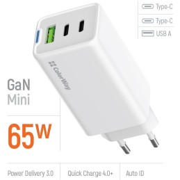 COLORWAY 2x USB-C, 1x USB-A/ síťová nabíječka/ GaN/ PD/ PPS/ 65W/ Bílá
