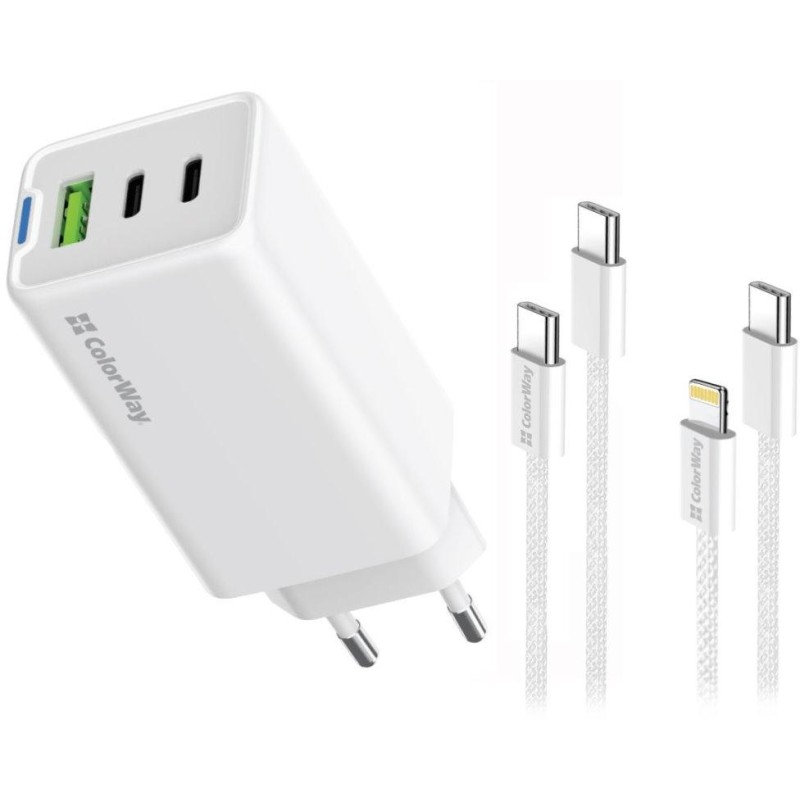 COLORWAY 2x USB-C, 1x USB-A/ síťová nabíječka/ GaN/ PD/ PPS/ 65W/ Včetně 2x kabelů, USB-C-USB-C, USB-C-Lightning/ Bílá
