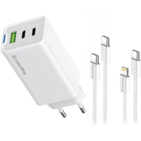 COLORWAY 2x USB-C, 1x USB-A/ síťová nabíječka/ GaN/ PD/ PPS/ 65W/ Včetně 2x kabelů, USB-C-USB-C, USB-C-Lightning/ Bílá