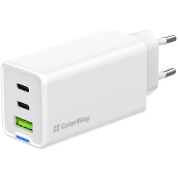 COLORWAY 2x USB-C, 1x USB-A/ síťová nabíječka/ GaN/ PD/ PPS/ 65W/ Včetně 2x kabelů, USB-C-USB-C, USB-C-Lightning/ Bílá