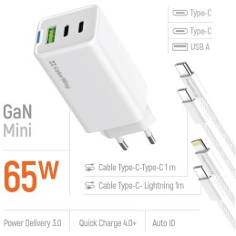 COLORWAY 2x USB-C, 1x USB-A/ síťová nabíječka/ GaN/ PD/ PPS/ 65W/ Včetně 2x kabelů, USB-C-USB-C, USB-C-Lightning/ Bílá