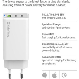 COLORWAY 2x USB-C, 1x USB-A/ síťová nabíječka/ GaN/ PD/ PPS/ 65W/ Včetně 2x kabelů, USB-C-USB-C, USB-C-Lightning/ Bílá