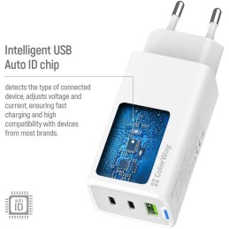 COLORWAY 2x USB-C, 1x USB-A/ síťová nabíječka/ GaN/ PD/ PPS/ 65W/ Včetně 2x kabelů, USB-C-USB-C, USB-C-Lightning/ Bílá