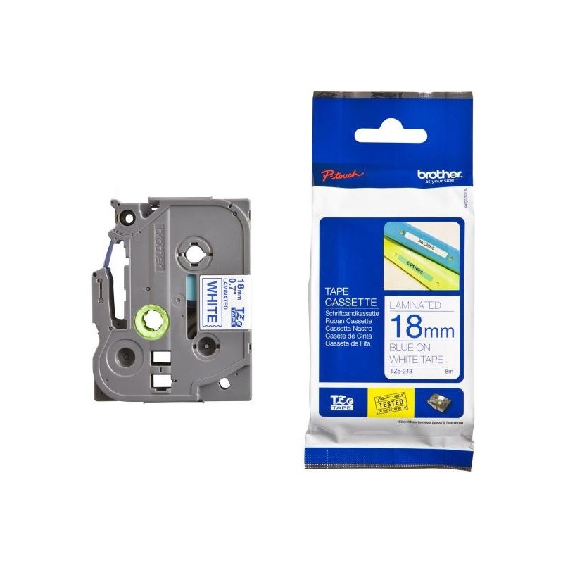 BROTHER laminovaná páska TZE-243/ bílá-modrá/ 18mm