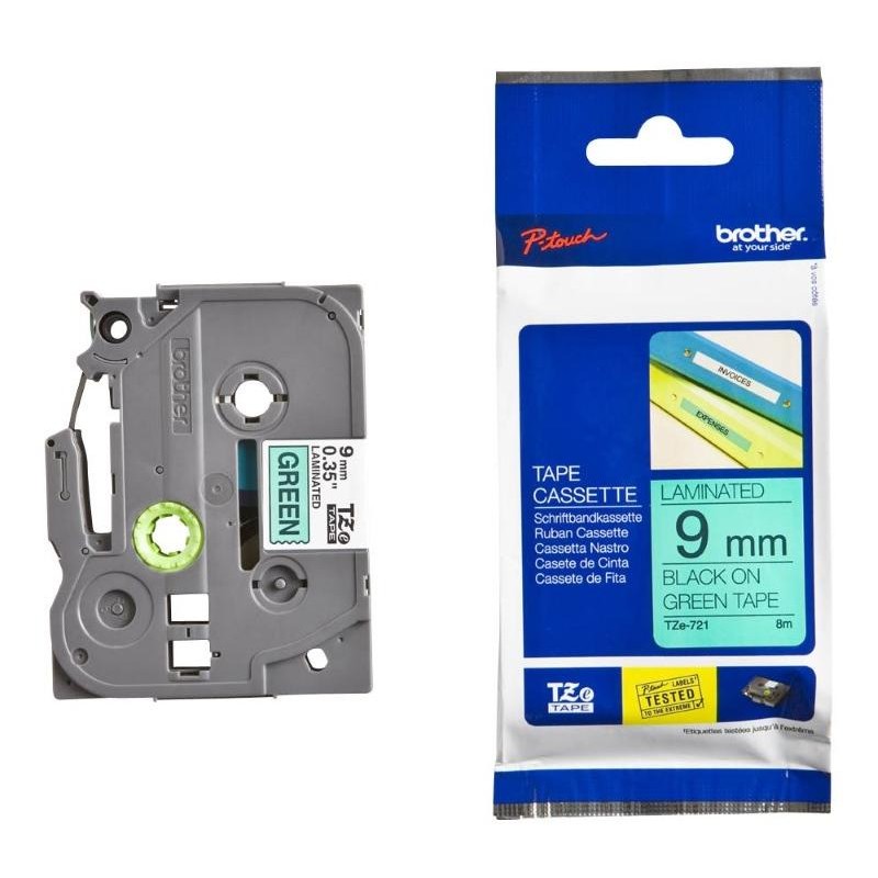 BROTHER laminovaná páska TZE-721/ zelená-černá/ 9mm