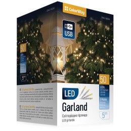 COLORWAY LED řetěz/ vnitřní / 50 LED / délka 5m / teplá bílá/ 8 funkcí/ napájení USB