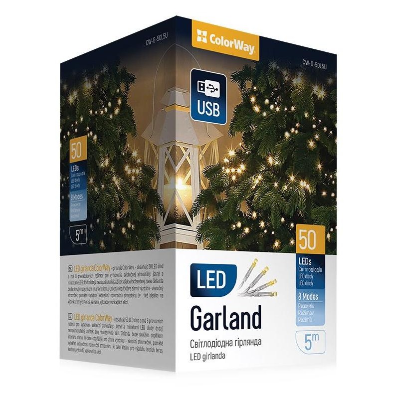 COLORWAY LED řetěz/ vnitřní / 50 LED / délka 5m / teplá bílá/ 8 funkcí/ napájení USB