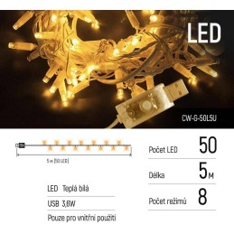COLORWAY LED řetěz/ vnitřní / 50 LED / délka 5m / teplá bílá/ 8 funkcí/ napájení USB