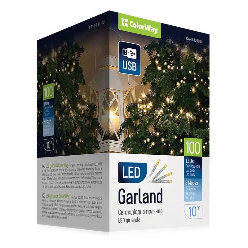COLORWAY LED řetěz/ vnitřní / 100 LED / délka 10m / teplá bílá/ 8 funkcí/ napájení USB