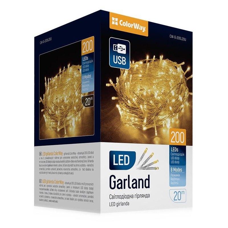 COLORWAY LED řetěz/ vnitřní / 200 LED / délka 20m / teplá bílá/ 8 funkcí/ napájení USB