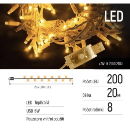 COLORWAY LED řetěz/ vnitřní / 200 LED / délka 20m / teplá bílá/ 8 funkcí/ napájení USB
