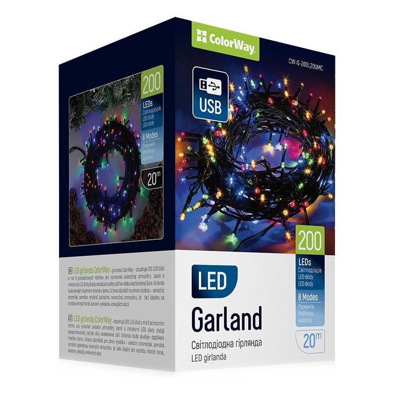 COLORWAY LED řetěz/ vnitřní / 200 LED / délka 20m / více barevný / 8 funkcí/ napájení USB